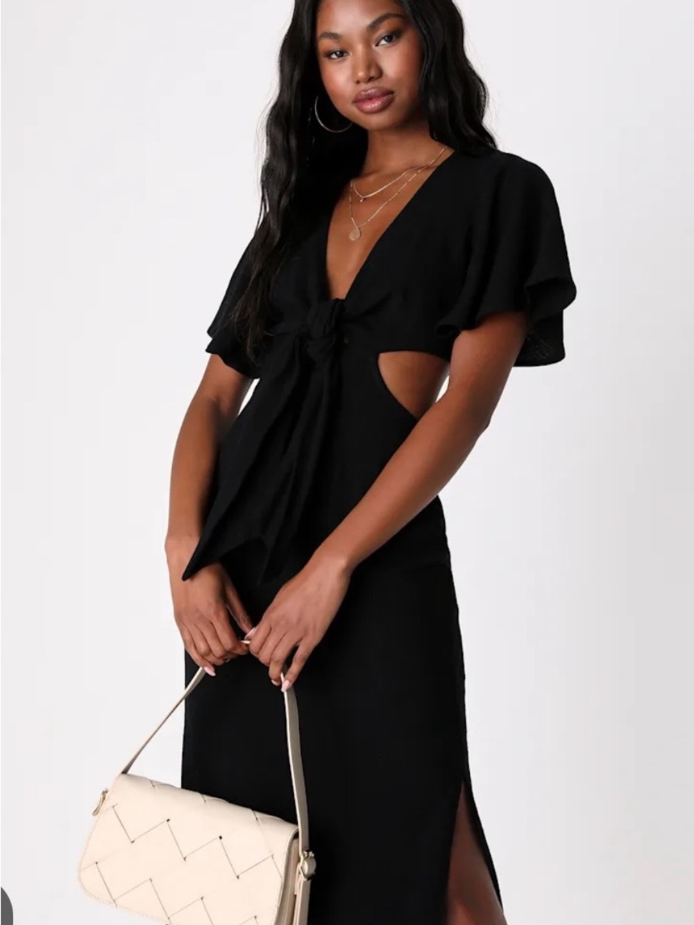 Lulu's Black Tie-Front Cutout Midi Dress with Flutter Sleeves NWT